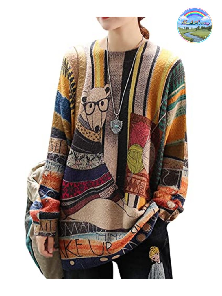 Oversized Cat Graphic Pullover Sweater - Soft Cotton Wool Knit Top
